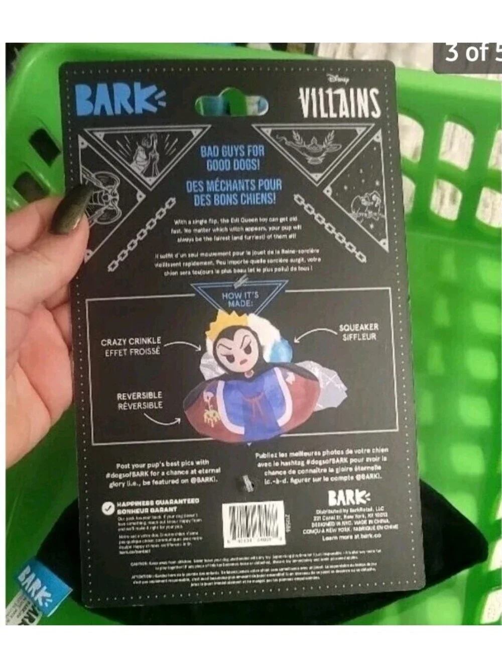 3 BARKBOX DISNEY VILLAINS CPT HOOK,CRUELLA DEVILLE REVERSIBLE EVIL QUEEN DOG TOY